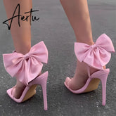 Aiertu 2024 Summer PU Butterfly-Knot Sandals Square Toe Thin Heels Party Shallow Concise Sweet Buckle Strap Adult Open Pleated Aiertu
