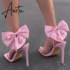 Aiertu 2024 Summer PU Butterfly-Knot Sandals Square Toe Thin Heels Party Shallow Concise Sweet Buckle Strap Adult Open Pleated Aiertu
