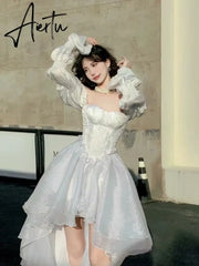 Aiertu 2024 Summer Pure Color Fairy Midi Dress Women White Elegant Evening Party Dress Beach Casual Long Sleeve Korean Fashion Dress Aiertu