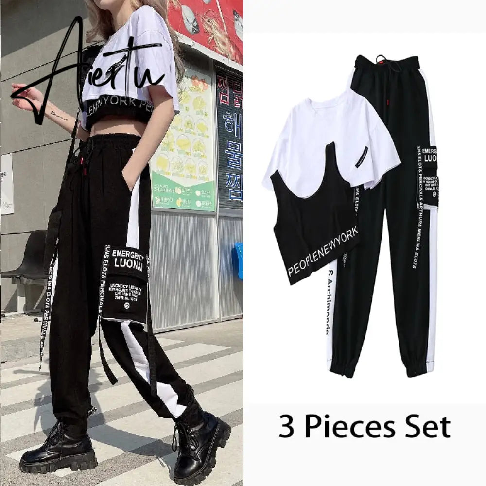 Aiertu 3 Pieces Set Summer Streetwear Outfit Women's Sweatshirt Set Track Suit Cargo Pants Short Sleeve Shirt Women Trouser Set Aiertu