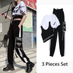 Aiertu 3 Pieces Set Summer Streetwear Outfit Women's Sweatshirt Set Track Suit Cargo Pants Short Sleeve Shirt Women Trouser Set Aiertu