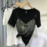 Aiertu 4XL Plus Size Chic Summer Diamond Short Sleeve T Shirt For Women Casual Solid Color O Neck T-shirt Ladies Streetwear Tees Top Aiertu