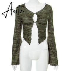 Aiertu 90s Aesthetics Ruffles Button Green T-shirts Y2K Fairy Grunge V-neck Flare Sleeve Ruched Slit Crop Tops Sexy Tee Vintage Aiertu