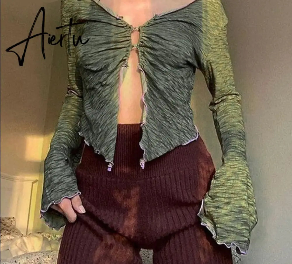 Aiertu 90s Aesthetics Ruffles Button Green T-shirts Y2K Fairy Grunge V-neck Flare Sleeve Ruched Slit Crop Tops Sexy Tee Vintage Aiertu