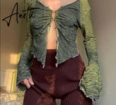Aiertu 90s Aesthetics Ruffles Button Green T-shirts Y2K Fairy Grunge V-neck Flare Sleeve Ruched Slit Crop Tops Sexy Tee Vintage Aiertu