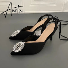 Aiertu African Party Shoe and Bag Set Sexy Heels Shallow Mouth Pointed Pumps Lace-Up Sandals Ladies Slip On Golden Crossdressers Beige Aiertu