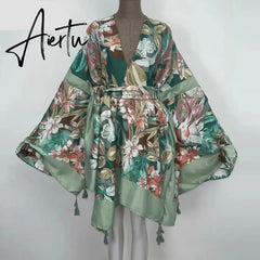 Aiertu America Summer Women Cardigan stitch robe Cocktail sexcy Boho Maxi African Holiday Batwing Sleeve Silk Robe Aiertu