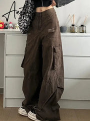 Aiertu American New Fashion Hole Multi-pocket Tooling Baggy Jeans Female Y2K High Street Vintage Casual Straight Wide-leg Mop Pants Aiertu