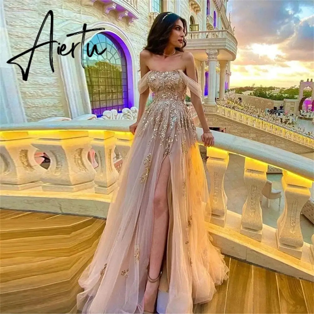 Aiertu Appliques Net Prom Dress Side Split Celebrity Dresses Off the Shoulder Women's Glitter Evening Dresses Formal Gown Aiertu