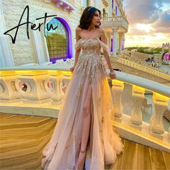 Aiertu Appliques Net Prom Dress Side Split Celebrity Dresses Off the Shoulder Women's Glitter Evening Dresses Formal Gown Aiertu