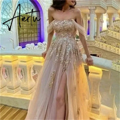 Aiertu Appliques Net Prom Dress Side Split Celebrity Dresses Off the Shoulder Women's Glitter Evening Dresses Formal Gown Aiertu