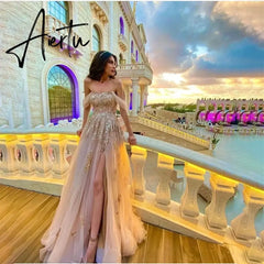 Aiertu Appliques Net Prom Dress Side Split Celebrity Dresses Off the Shoulder Women's Glitter Evening Dresses Formal Gown Aiertu