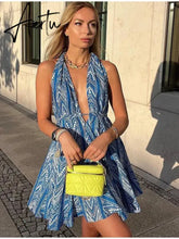 Aiertu Articat Sexy Backless Print Hanging Neck Deep V Women's Dress Holiday Style Spicy Girl Beach Dress Slim Fit Party Streetwear Aiertu