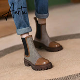 Aiertu Autumn and winter new elasticated thick-soled women's boots French retro flat color elastic stitching plaid fashion Martin boots Aiertu