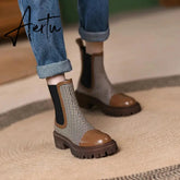 Aiertu Autumn and winter new elasticated thick-soled women's boots French retro flat color elastic stitching plaid fashion Martin boots Aiertu