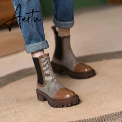 Aiertu Autumn and winter new elasticated thick-soled women's boots French retro flat color elastic stitching plaid fashion Martin boots Aiertu