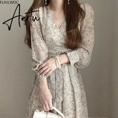 Aiertu Autumn Basic Long Dress Long Sleeve V Neck Floral Printed Retro Vintage A Line Women Dresses Chic Korea Fashion Vestidos Aiertu
