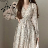 Aiertu Autumn Basic Long Dress Long Sleeve V Neck Floral Printed Retro Vintage A Line Women Dresses Chic Korea Fashion Vestidos Aiertu