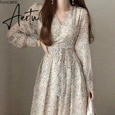 Aiertu Autumn Basic Long Dress Long Sleeve V Neck Floral Printed Retro Vintage A Line Women Dresses Chic Korea Fashion Vestidos Aiertu