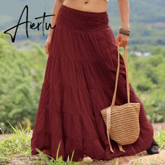 Aiertu Autumn Elastic Waist Solid Holiday Skirt Oversized Women Maxi Long Skirts Casual Ruffles Party Faldas Saia Loose Jupe Aiertu