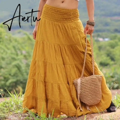 Aiertu Autumn Elastic Waist Solid Holiday Skirt Oversized Women Maxi Long Skirts Casual Ruffles Party Faldas Saia Loose Jupe Aiertu
