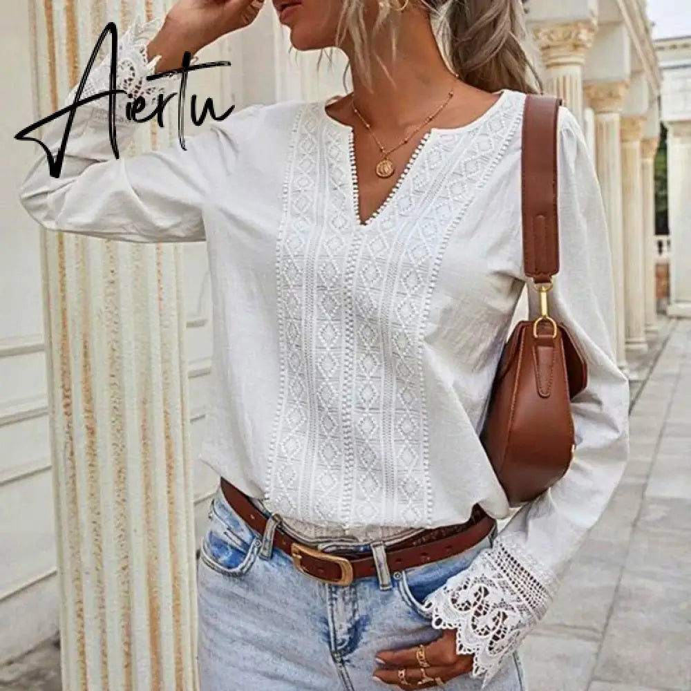 Aiertu Autumn Elegant Office Lady Spring White Tops Women's Lace Patchwork Long Sleeved V-neck Slim Shirt Ladies Fashion Casual Blouse Aiertu