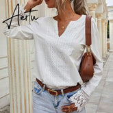 Aiertu Autumn Elegant Office Lady Spring White Tops Women's Lace Patchwork Long Sleeved V-neck Slim Shirt Ladies Fashion Casual Blouse Aiertu