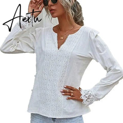 Aiertu Autumn Elegant Office Lady Spring White Tops Women's Lace Patchwork Long Sleeved V-neck Slim Shirt Ladies Fashion Casual Blouse Aiertu