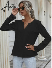 Aiertu Autumn Elegant Office Lady Spring White Tops Women's Lace Patchwork Long Sleeved V-neck Slim Shirt Ladies Fashion Casual Blouse Aiertu