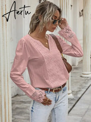 Aiertu Autumn Elegant Office Lady Spring White Tops Women's Lace Patchwork Long Sleeved V-neck Slim Shirt Ladies Fashion Casual Blouse Aiertu
