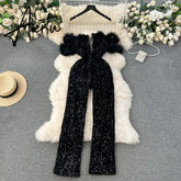 Aiertu Autumn Elegant Sexy Black Jumpsuits Europen Fashion Off the Shoulder Feather Patchwork Sequins Slim Long Playsuit Aiertu