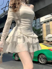 Aiertu Autumn Elegant Two Pieces Skirt Set Women Casual Sweet Blouse + Y2k Slim Cake Skirts Office Lady Korean Fashion Suits New Aiertu