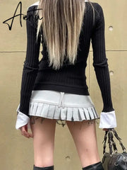 Aiertu Autumn Fake Two Pieces Slim Fit Streetwear Tops Grunge Patchwork Contrast Color Tshirts All Match Y2k Aesthetic Women T-shirt Aiertu