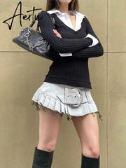 Aiertu Autumn Fake Two Pieces Slim Fit Streetwear Tops Grunge Patchwork Contrast Color Tshirts All Match Y2k Aesthetic Women T-shirt Aiertu