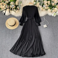 Aiertu Autumn Fashion Streetwear Long Dress Design French Pleated Maxi Dress Women Elegant O Neck Long Sleeve A-line Dress Aiertu
