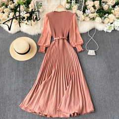 Aiertu Autumn Fashion Streetwear Long Dress Design French Pleated Maxi Dress Women Elegant O Neck Long Sleeve A-line Dress Aiertu