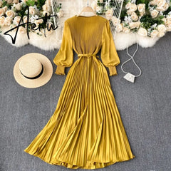Aiertu Autumn Fashion Streetwear Long Dress Design French Pleated Maxi Dress Women Elegant O Neck Long Sleeve A-line Dress Aiertu