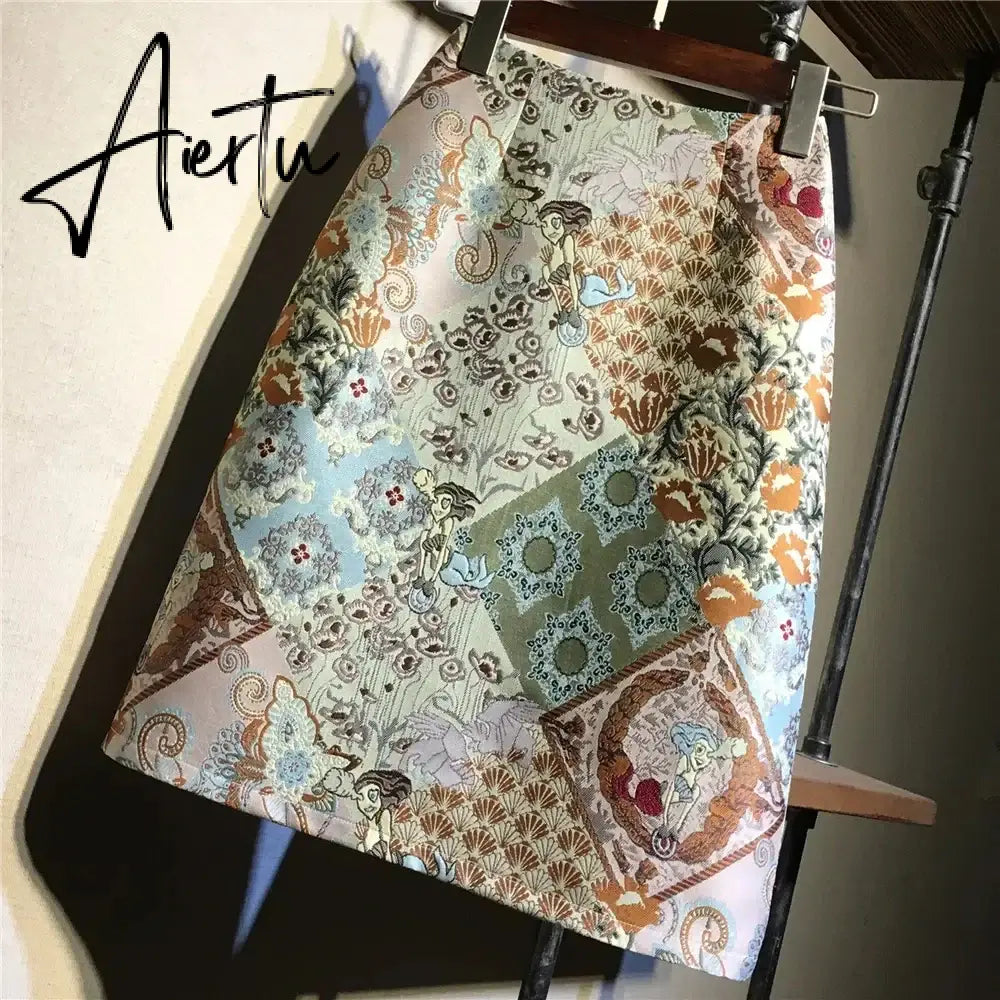 Aiertu Autumn High Waist A-line Skirts Light Mature One Step Skirt Ladies Medium Length Retro Wrapped Hip Skirt Jacquard Skirt Aiertu