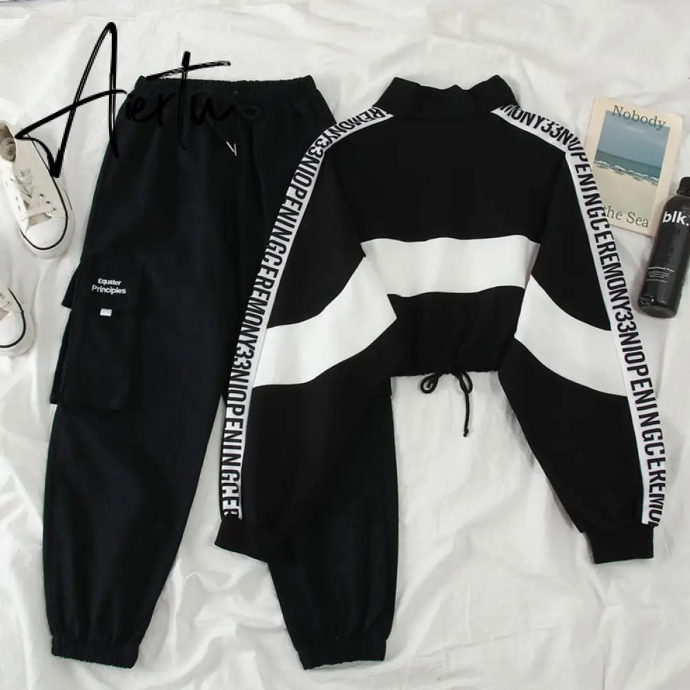 Aiertu Autumn High Waist Streetwear Cargo Pants Female Harajuku Loose Joggers Women 2 Piece Suit harem camo pants Aiertu
