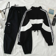 Aiertu Autumn High Waist Streetwear Cargo Pants Female Harajuku Loose Joggers Women 2 Piece Suit harem camo pants Aiertu