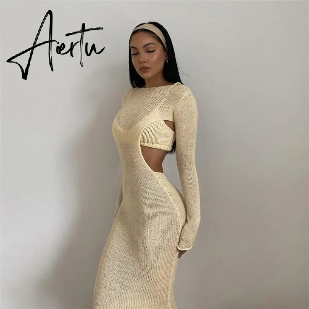 Aiertu Autumn Knitted Sexy See Through Long Sleeve Maxi Dress And Sleeveless Short Camisole Women Party Dresses Two Pieces Set Aiertu
