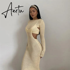 Aiertu Autumn Knitted Sexy See Through Long Sleeve Maxi Dress And Sleeveless Short Camisole Women Party Dresses Two Pieces Set Aiertu