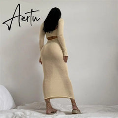 Aiertu Autumn Knitted Sexy See Through Long Sleeve Maxi Dress And Sleeveless Short Camisole Women Party Dresses Two Pieces Set Aiertu