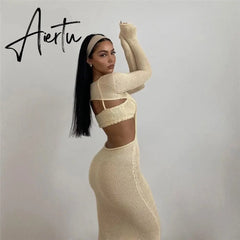 Aiertu Autumn Knitted Sexy See Through Long Sleeve Maxi Dress And Sleeveless Short Camisole Women Party Dresses Two Pieces Set Aiertu