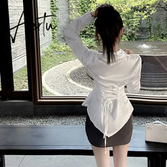 Aiertu Autumn Long Sleeve White Shirt Tops Women's Fashion Slim Blouses Ladies French Style Elegant Chic Back Lace-up Shirts Blusa Aiertu