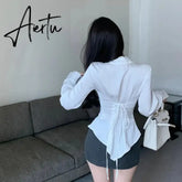 Aiertu Autumn Long Sleeve White Shirt Tops Women's Fashion Slim Blouses Ladies French Style Elegant Chic Back Lace-up Shirts Blusa Aiertu