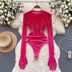 Aiertu Autumn Long Sleeves Bodysuits 2023 Women O Neck Open Crotch Velvet Slim Playsuits+Plush Sexy Mini Skirt Suits Aiertu