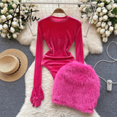 Aiertu Autumn Long Sleeves Bodysuits 2023 Women O Neck Open Crotch Velvet Slim Playsuits+Plush Sexy Mini Skirt Suits Aiertu