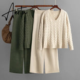 Aiertu Autumn Loose Two Pieces Sets Women Twist Striped Sweater+Wide Legs Thick Long Pant Home Wear Casual Knitted Suits Aiertu