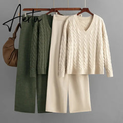 Aiertu Autumn Loose Two Pieces Sets Women Twist Striped Sweater+Wide Legs Thick Long Pant Home Wear Casual Knitted Suits Aiertu